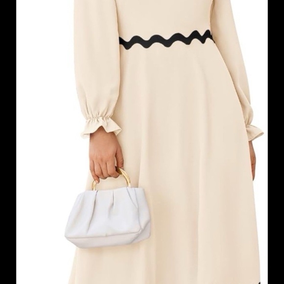 BTFBM Women’s Ric Rac Maxi Dress Beige Small Smocked Long Sleeve Square Neck Fal - Picture 1 of 3